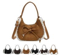 Genérico Casual Suede Plush Crossbody Bag with Bow, Vintage Faux Fur Shoulder Bag with Zipper, Winter Retro Adjustable Handbag (Brown,#A)