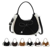 Genérico Casual Suede Plush Crossbody Bag with Bow, Vintage Faux Fur Shoulder Bag with Zipper, Winter Retro Adjustable Handbag (Black,#B)