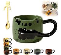 Genérico Cat Cat Stacked Cup, Cute Stackable Coffee Mugs, with Funny Cartoon Cats Designs, 4 Styles Cute Ceramic Feline Coffee Mugs with Spoon, Gifts for Catlovers Women (Green)