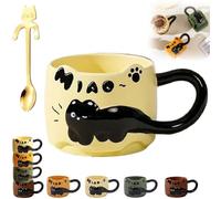Genérico Cat Cat Stacked Cup, Cute Stackable Coffee Mugs, with Funny Cartoon Cats Designs, 4 Styles Cute Ceramic Feline Coffee Mugs with Spoon, Gifts for Catlovers Women (Yellow)