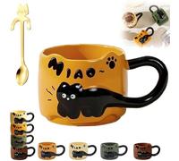 Genérico Cat Cat Stacked Cup, Cute Stackable Coffee Mugs, with Funny Cartoon Cats Designs, 4 Styles Cute Ceramic Feline Coffee Mugs with Spoon, Gifts for Catlovers Women (Orange)