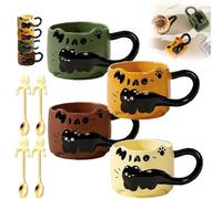 Genérico Cat Cat Stacked Cup, Cute Stackable Coffee Mugs, with Funny Cartoon Cats Designs, 4 Styles Cute Ceramic Feline Coffee Mugs with Spoon, Gifts for Catlovers Women (MIX)