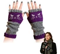 Genérico Cat Embroidery Splicing Knitted Gloves, Women’s Fingerless Knitted Gloves with Cat Embroidery, Cozy Soft Warm (Purple)