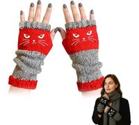 Genérico Cat Embroidery Splicing Knitted Gloves, Women’s Fingerless Knitted Gloves with Cat Embroidery, Cozy Soft Warm (Red)