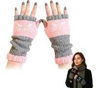 Genérico Cat Embroidery Splicing Knitted Gloves, Women’s Fingerless Knitted Gloves with Cat Embroidery, Cozy Soft Warm (Pink)