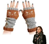Genérico Cat Embroidery Splicing Knitted Gloves, Women’s Fingerless Knitted Gloves with Cat Embroidery, Cozy Soft Warm (Light Blue)