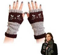 Genérico Cat Embroidery Splicing Knitted Gloves, Women’s Fingerless Knitted Gloves with Cat Embroidery, Cozy Soft Warm (Deep Brown)