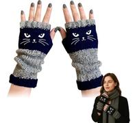Genérico Cat Embroidery Splicing Knitted Gloves, Women’s Fingerless Knitted Gloves with Cat Embroidery, Cozy Soft Warm (Blue)