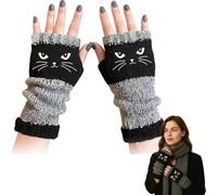 Genérico Cat Embroidery Splicing Knitted Gloves, Women’s Fingerless Knitted Gloves with Cat Embroidery, Cozy Soft Warm (Black)