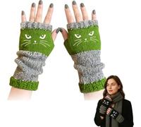 Genérico Cat Embroidery Splicing Knitted Gloves, Women’s Fingerless Knitted Gloves with Cat Embroidery, Cozy Soft Warm (Green)