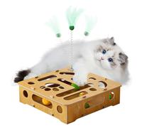 Genérico Cat Puzzle Toy, Wooden Box with Feather and Balls, 11.02x11.02x3.35 Inches Indoor & Outdoor Use, Entertainment Hunting Game for Cats, Interactive Spring Teaser to Active Pet Plays