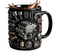 Genérico Ceramic Mug - Realistic Mechanical Engine Coffee Cup | 3D Piston & Gear Design With Anti-Slip Handle, Novelty Motor Gift For Car Lovers, Husband & Men, 15oz, Silver & Black