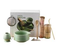 Genérico Ceremony Matcha Powder Kit,Matcha Whisk Set and Bowl with Scoop&Sifter,Fuji Design Ceramic Bowl,Ceramic Bowls(chawan) whith Spout and Whisk,Gift for Matchas Lovers (green2)