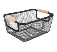 Genérico Cesta de Almacenamiento Metálica Rectangular Asa de Madera, Organizador Pequeño para Baño y Cocina, Cesta de Malla de Hierro Negra para Uso Diario y Orden