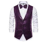 Genérico chaleco sin hombre profesional chaleco de traje de lentejuelas de color sólido para hombres, con lazo de lentejuelas, discoteca, danza, boda, suéter, chaleco para hombre, morado, XXL