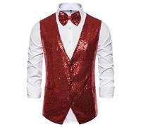 Genérico chaleco sin hombre profesional chaleco de traje de lentejuelas de color sólido para hombres, con lazo de lentejuelas, discoteca, danza, boda, suéter, chaleco para hombre, rojo, XXL
