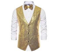 Genérico chaleco sin hombre profesional chaleco de traje de lentejuelas de color sólido para hombres, con lazo de lentejuelas, discoteca, danza, boda, suéter, chaleco para hombre, dorado, XL