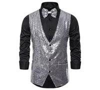 Genérico chaleco sin hombre profesional chaleco de traje de lentejuelas de color sólido para hombres, con lazo de lentejuelas, discoteca, danza, boda, suéter, chaleco para hombre, plata, XL