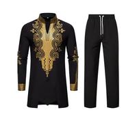 Generico Chándal Completo Hombre Estilo Africano Vestido De Estilo Étnico Africano Camisa De Cuello Alto Y Mangas Largas Con Bordado Dorado Y Pantalones Completo Árabe Prendas De Oriente Medio, Negro