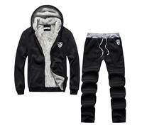 Generico Chándal completo para hombre con forro polar, chaqueta con cremallera, completo impermeable forrado de forro polar, pijama de 2 piezas grueso con interior reforzado, Negro , XXL