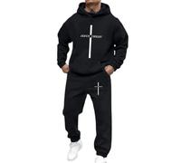 Generico Chándal completo para hombre con sudadera con capucha con impresión de cruz y Jesús, traje deportivo con impresión de letras - Chándal de entrenamiento de sudadera kit de senderismo fitness