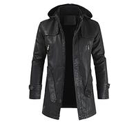Genérico Chaqueta con capucha desmontable de cuero de terciopelo para hombre, informal, con cremallera, manga larga, gabardina gótica alargada (Black, XL)