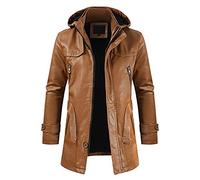 Genérico Chaqueta con capucha desmontable de cuero de terciopelo para hombre, informal, con cremallera, manga larga, gabardina gótica alargada (Khaki, XXXXL)