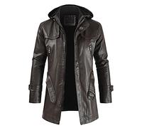 Genérico Chaqueta con capucha desmontable de cuero de terciopelo para hombre, informal, con cremallera, manga larga, gabardina gótica alargada (Coffee, XL)