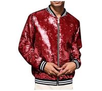 Generico Chaqueta de hombre Carnaval con lentejuelas y rayas chaqueta fiesta divertida lujo purpurina vestido hombre elegante para fiestas, cócteles y bodas ropa de ocio de baloncesto, rojo, S