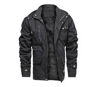 Genérico Chaqueta de invierno con cremallera para hombres Chaqueta de herramientas gruesas con revestimiento de lana Chaqueta militar de algodón con sombrero (XXL,Negro)