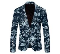 Genérico Chaqueta de Traje Hombre Estampado Navidad Nieve Santa Solapa Bolsillo Botón (Navy, XL)