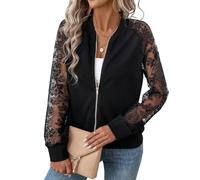 Genérico Chaqueta mujer elegante manga larga patchwork chaqueta holgada encaje floral transparente cremallera chaqueta moderna