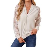 Genérico Chaqueta mujer elegante manga larga patchwork chaqueta holgada encaje floral transparente cremallera chaqueta moderna