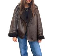 Genérico Chaqueta oversize de piel sintética con forro polar para mujer - Abrigo corto de invierno con solapa de borreguillo