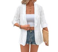 Genérico Chaqueta tipo cárdigan mujer abierta manga 3/4 encaje patchwork floral color sólido moderna