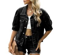 Genérico Chaqueta Vaquera Mujer Manga Corta Cuello Solapa Corto Botones Lavado Otoño Estilo Urbano