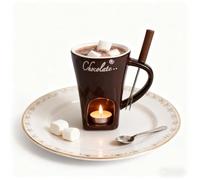 Genérico Chocolate Fondue Mug, Ceramic Melting Pot with Fork, Personal Tealight-Heated Chocolate & Cheese Warmer, Dishwasher-Safe, 200 ml / 6.8 fl oz (Candle Not Included)(Brown)