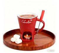 Genérico Chocolate Fondue Mug, Ceramic Melting Pot with Fork, Personal Tealight-Heated Chocolate & Cheese Warmer, Dishwasher-Safe, 200 ml / 6.8 fl oz (Candle Not Included)(Red)