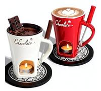 Genérico Chocolate Fondue Mug Set of 2,Chocolate Melting Cup Tea Light,Fondue Mug Chocolates Melting Cup Cookware Candy Hot Pot,Ceramic Chocolates Meltings Mugs with Fork & Coasters (W+R)