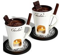 Genérico Chocolate Fondue Mug Set of 2,Chocolate Melting Cup Tea Light,Fondue Mug Chocolates Melting Cup Cookware Candy Hot Pot,Ceramic Chocolates Meltings Mugs with Fork & Coasters (White)