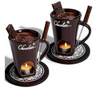 Genérico Chocolate Fondue Mug Set of 2,Chocolate Melting Cup Tea Light,Fondue Mug Chocolates Melting Cup Cookware Candy Hot Pot,Ceramic Chocolates Meltings Mugs with Fork & Coasters (Black)