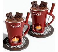 Genérico Chocolate Fondue Mug Set of 2,Chocolate Melting Cup Tea Light,Fondue Mug Chocolates Melting Cup Cookware Candy Hot Pot,Ceramic Chocolates Meltings Mugs with Fork & Coasters (Red)