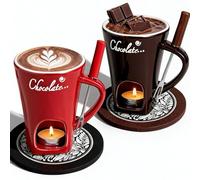 Genérico Chocolate Fondue Mug Set of 2,Chocolate Melting Cup Tea Light,Fondue Mug Chocolates Melting Cup Cookware Candy Hot Pot,Ceramic Chocolates Meltings Mugs with Fork & Coasters (B+R)
