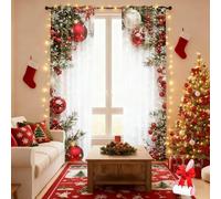 Genérico Christmas Ball Holiday Printed Curtains, 2 Pieces Red Luxury Curtains with Snowflakes and Pine Branches, Classic 2D Flat Printing Drape, for Living Room Bedroom Xmas Party Decor
