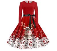 Genérico Christmas Dress Women - Vestido de Mujer de Corte A Manga Larga Cuello Redondo y Lazo Elegante Cintura Falda Fiestas (Watermelon Red L)