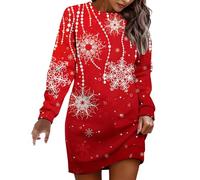 Genérico Christmas Dress Women - Vestido Informal de Manga Larga con Cuello Redondo y Estampado de de Nieve navideños a la Moda de otoño e Invierno para Mujer (Watermelon Red S)