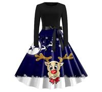 Genérico Christmas Dress Women Vestido Navidad Mujer Vestido de de cóctel con Cuello Redondo y Manga Larga Estampado para Mujer (Dark Blue XL)