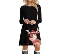 Genérico Christmas Dress Women Vestido Navidad Vestido de de cóctel de Manga Larga con Estampado de y Cuello Redondo de Navidad para Mujer (Black XL)