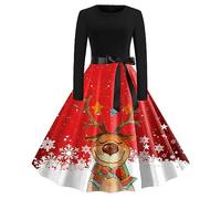 Genérico Christmas Dress Women Vintage De Navidad para Mujeres Vestido de de cóctel con Cuello Redondo y Manga Larga Estampado para Mujer (Red M)