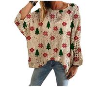Genérico Christmas Jumpers for Women, Christmas Crochet Sweaters, Xmas Print Pullover Knitwear Hollow Baggy Tops, Cozy Fall Sweater Pullover for Holiday Party (E,L)